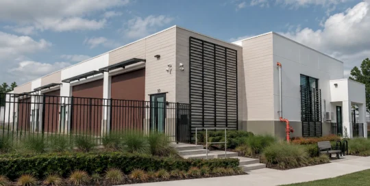 Completed Pine Street storage warehouse with brown roll-up doors, black louvered panels, fencing, and landscaped walkway